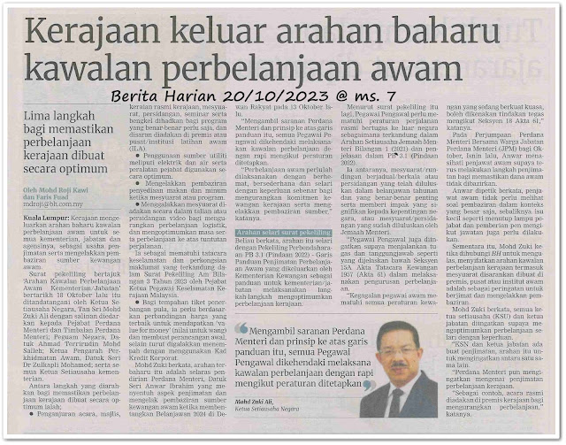 Kerajaan keluar arahan baharu kawalan perbelanjaan awam ; MyBHA harap mesyuarat di hotel hanya dikurangkan - Keratan akhbar Berita Harian 20 Oktober 2023