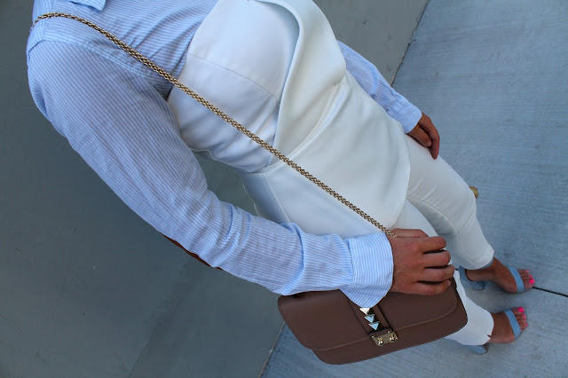 instagram, white pants, white suite, summer layering, how to layer in the summer, summer outfit, toronto blogger, valentino rockstud, pastel blue sandals, block heel sandals, schutz block heel sandal, best summer outfit, how to wear white pants