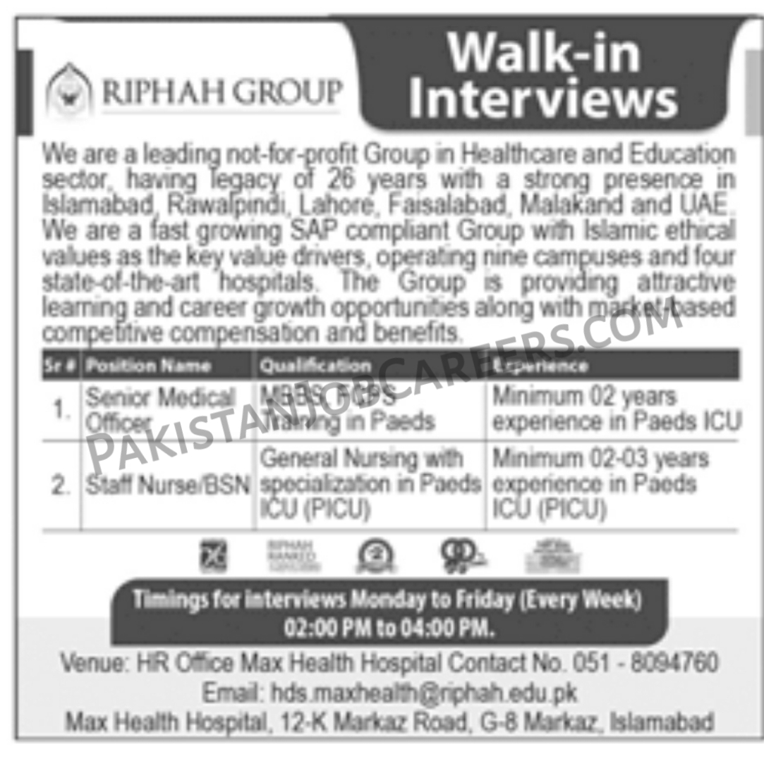Riphah Group Walk In Interview Jobs 2022 For Senior Medical Officer & Staff Nurse Latest