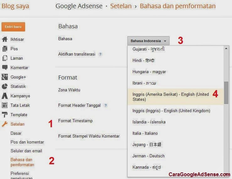 setting bahasa google adsense