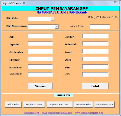 Tampilan Input Pembayaran SPP Sekolah Gratis