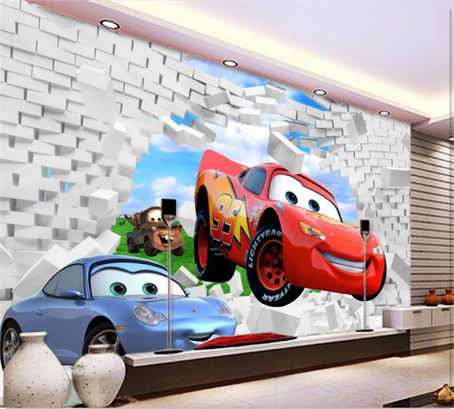 Disney Cars Wall Mural 3D Wallpaper Sticker Cars planes Brick Wall breaking through wall children room kids bedroom cartoon