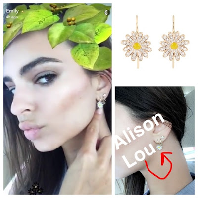 Emily Ratajkowski in Alison Lou Diamond Enamel Yellow Gold Daisy Earrings 