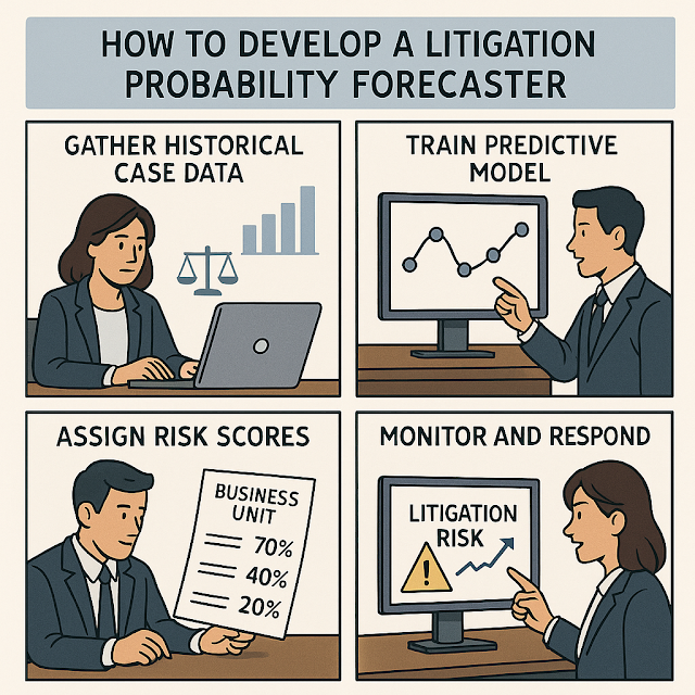 A four-panel digital illustration titled "How to Develop a Litigation Probability Forecaster." Panel 1 shows a woman analyzing historical case data on a laptop with legal scales and bar graphs. Panel 2 features a man pointing to a predictive model graph on a computer screen. Panel 3 shows a man holding a risk score chart with 70%, 40%, and 20% for business units. Panel 4 depicts a woman monitoring a screen labeled "Litigation Risk" with a rising arrow and warning icon, indicating response action.