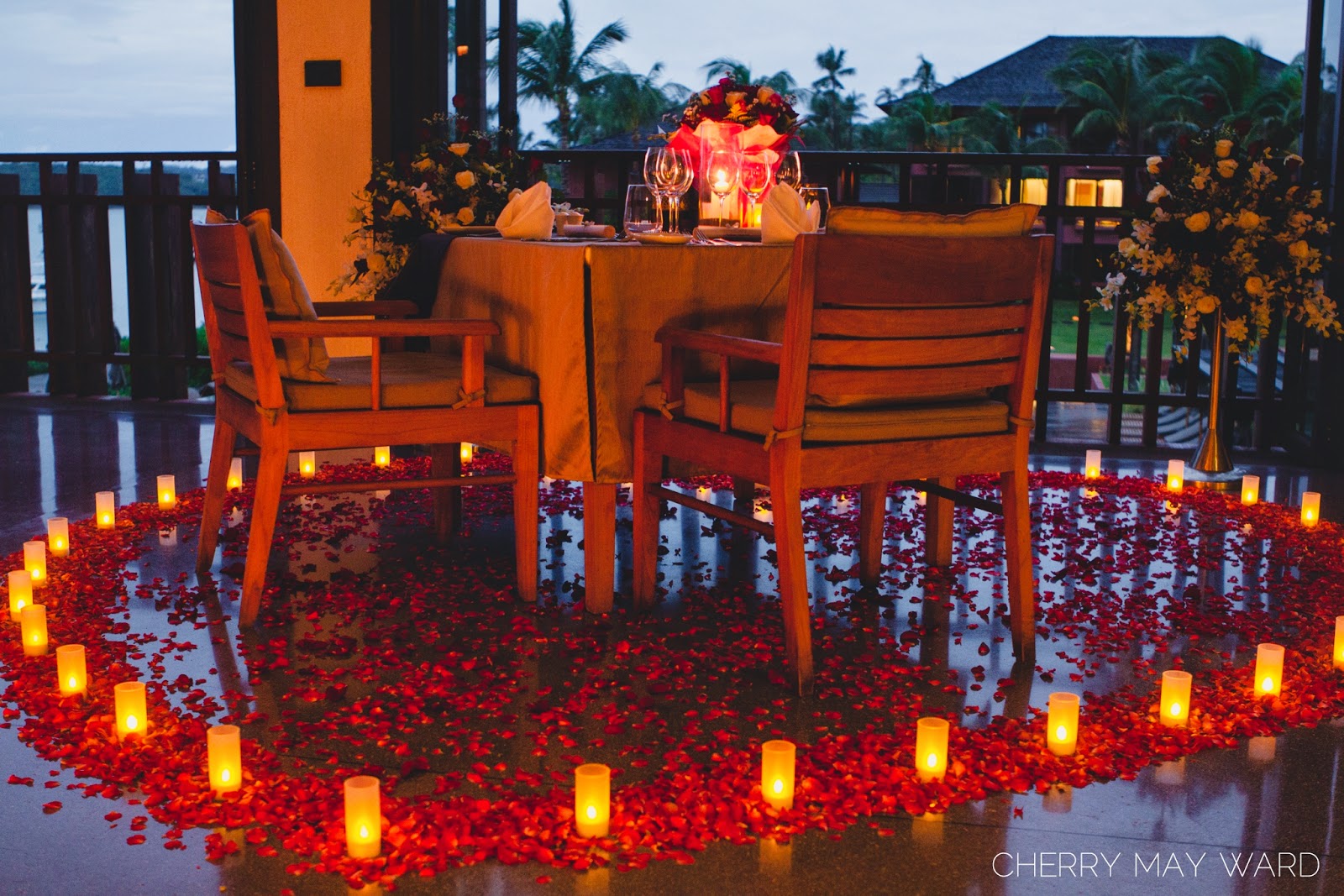 dinner table set up for two, Koh Samui proposal, proposal at Hasar Samui, beautiful table set up with flower petals in a heart shape, candles surrounding table in a heart shape, Cherry May Ward Photography, Thailand wedding and couples photographer, Koh Samui wedding Photographer