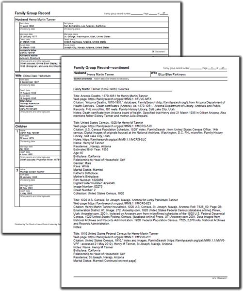 Family group record page 1 and source page