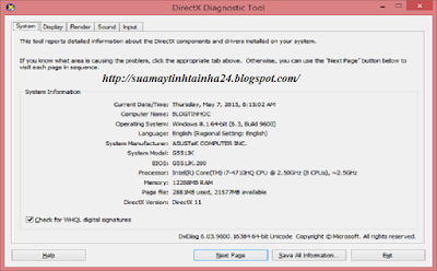 Khung DirectX Diagnostic Tool