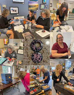 8 photos are arranged in a grid showing women working on metal enameling projects and one example of enameled jewelry made from 2 circular pieces connected.