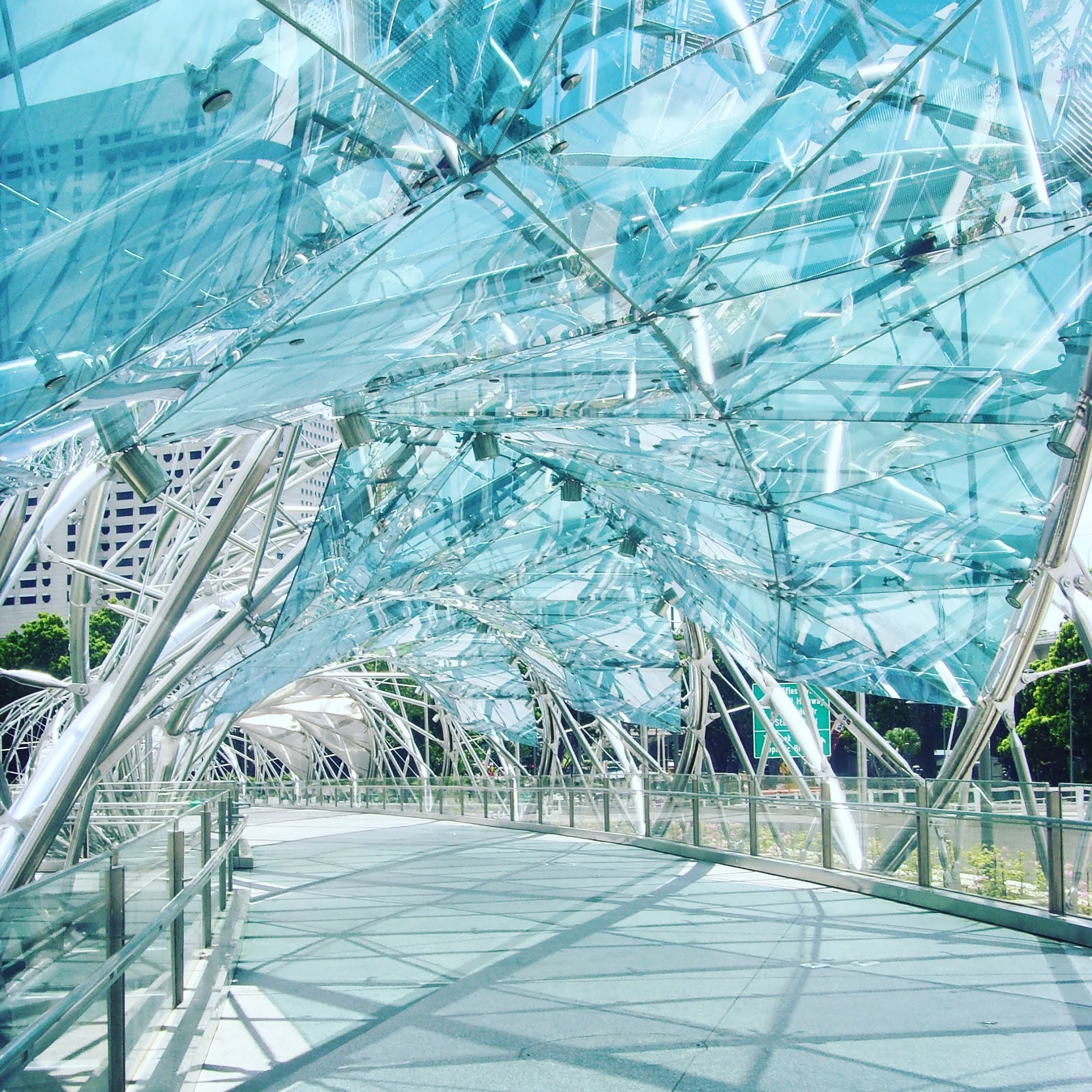 inside the glass and metal helix bridge, one of the best things to do during 48 hours in singapore