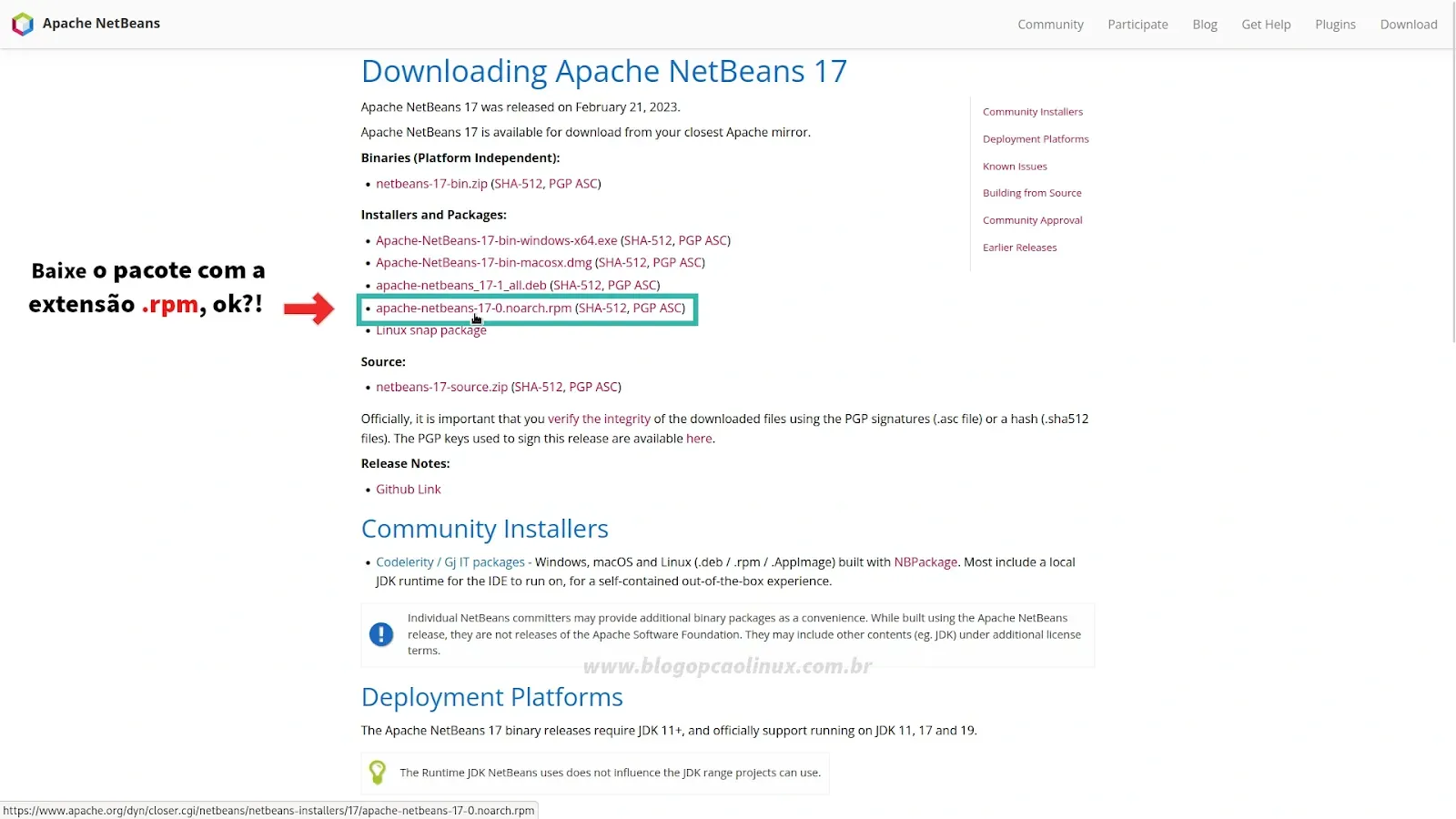 Página de download do Apache NetBeans IDE - Fevereiro de 2023