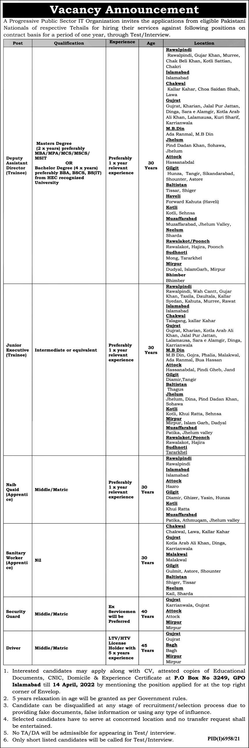 Public Sector IT Organization Management Jobs Islamabad 2022