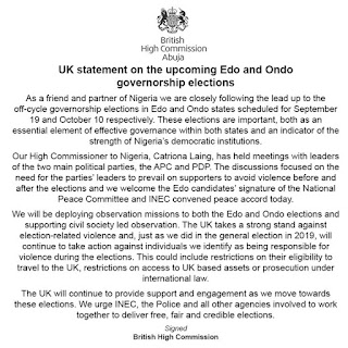 Edo, Ondo Elections: UK vow to sanction individuals who perpetuate violence