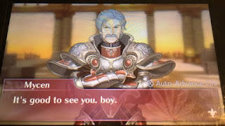 Mycen, a grey haired man with a mustache in silver and red armor, says "It's good to see you, boy."