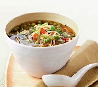 Green bean, miso and noodle soup