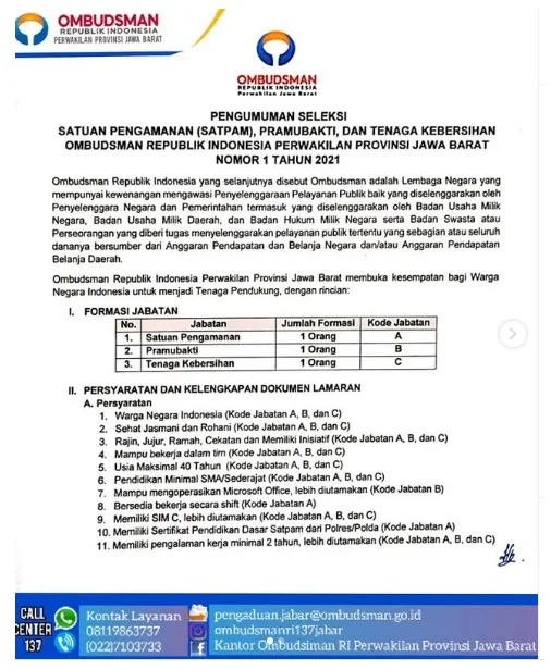 Lowongan Kerja Tenaga Pendukung Ombudsman RI Tingkat SMA SMK Bulan Januari 2021