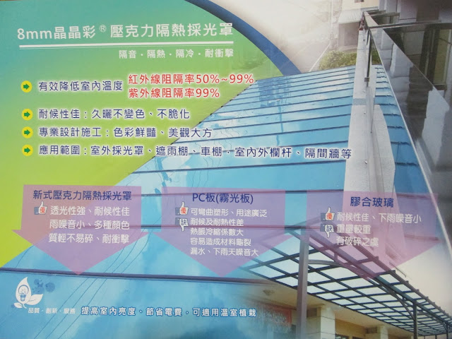 新式壓克力,隔熱採光罩,綠建築,環保建材  新式8mm晶晶彩 壓克力隔熱採光板  隔音 隔熱 隔冷 耐衝擊  有效降低室內溫度 紅外線 阻隔率 50 percent  -99 percent / 紫外線 阻隔率 99 percent  耐候性佳 色曬不變色 不脆化  專業設計施工 色彩鮮豔 美觀大方  應用範圍 室外採光罩 遮雨棚 車棚 室內外欄杆 隔間牆  新式壓克力隔熱採光罩:透光性強 耐候性佳 雨噪音小 多種顏色 質輕不易碎 耐衝擊  提高室內亮度 節省電費 可適用溫室栽植  生產項目 : 新式8mm晶晶彩,壓克力,採光罩,透光百葉,透光捲門