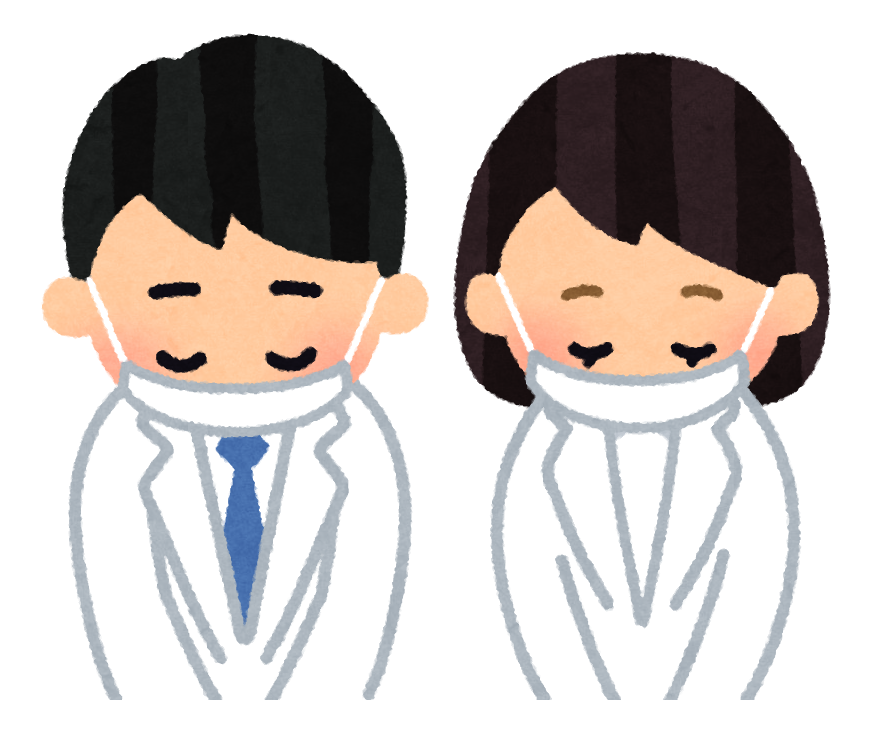 いろいろなマスクを付けてお辞儀をする人のイラスト かわいいフリー