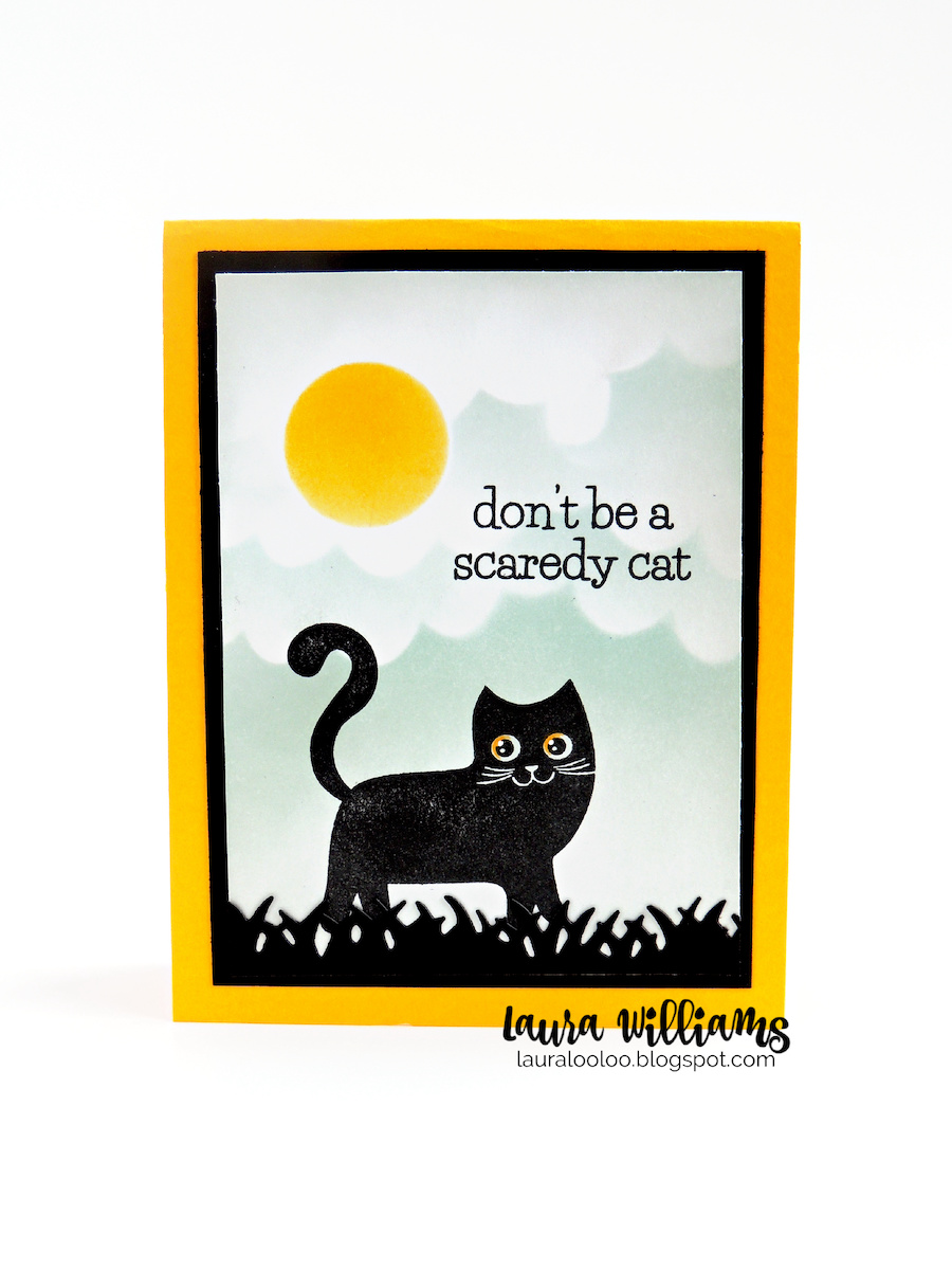 This image is a handmade Halloween card with a stamped cat in black ink. The cat is standing in black grass under a cloudy moonlit sky, created with inking and handmade stencils. The sentiment says "Don't be a scaredy cat."