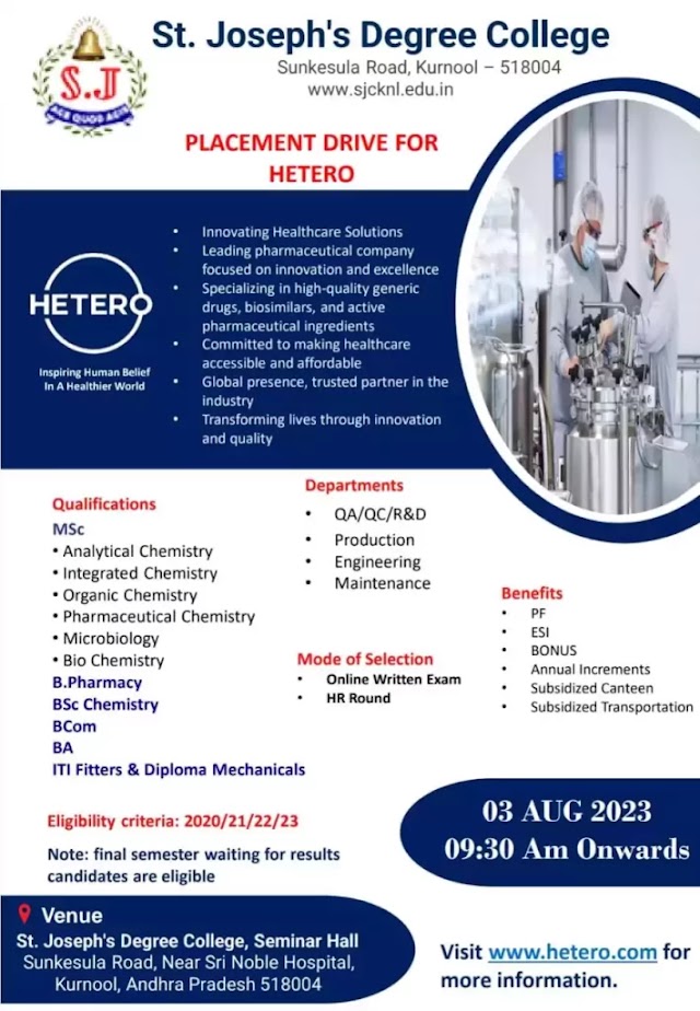 Hetero Labs | Mega Walk-in Drive for Freshers at Kurnool on 3rd Aug 2023