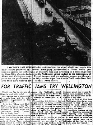 1940s Newspaper article with heading For Traffic Jams Try Wellington, with a bird's eye photo of a line of cars on the Wellington St Viaduct, captioned 5 O'Clock Jam Session.