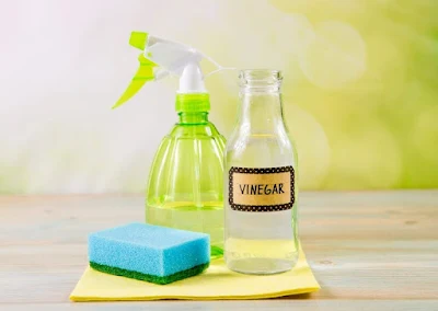 O vinagre possui propriedades desinfetantes naturais, ajudando a remover manchas e germes, enquanto a água dilui o vinagre para evitar danos em superfícies sensíveis