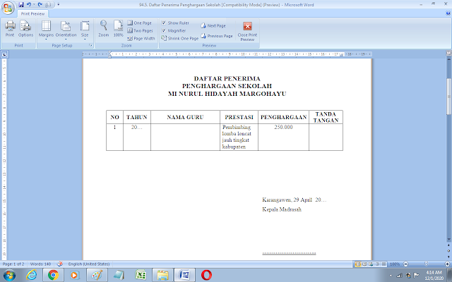 Format daftar penerima penghargaan sekolah