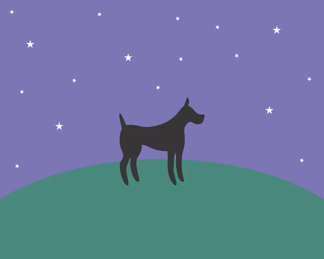 Ilustração de um cachorro em pé sobre a grama e ao fundo o céu com estrelas