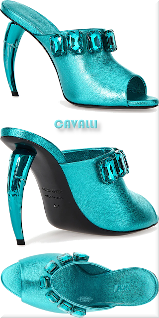 ♦Cavalli turquoise blue glass crystal metallic sabertooth-heel mules #cavalli #shoes #pantone #brilliantluxury
