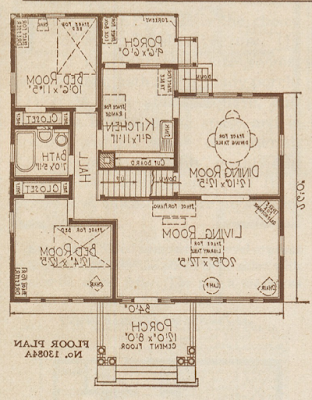 sepia toned image from catalog: Sears Crescent larger floor plan, flipped, from 1925 Sears Modern Homes catalog