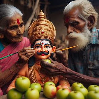 Village Old Woman decorating Lord Shiv Lord Hanuman with Fruits Vegetables | AI Art Image