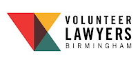 A logo for the Volunteer Lawyers Birmingham. Right next to their name is a colorful geometric shape.