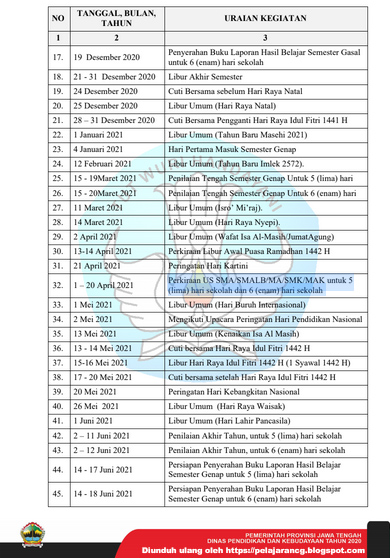 KALENDER PENDIDIKAN TAHUN  AJARAN 2020 2021  PROVINSI JAWA 