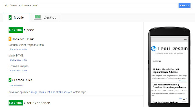 Teori Desain Blogger Template testing pagespeed insight versi mobile