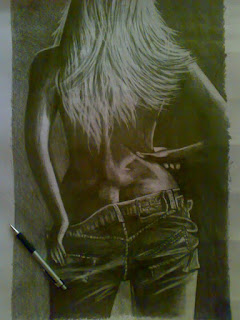 Jeans Wear -girl  Drawing the nude Hair long women hair back black clothes artwork Pencil sketching human figures black and white