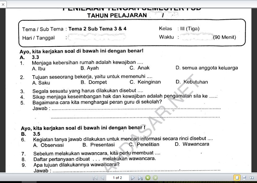 Soal Ulangan Kelas 3 K 13 Tema 2 Subtema 3 Dan 4