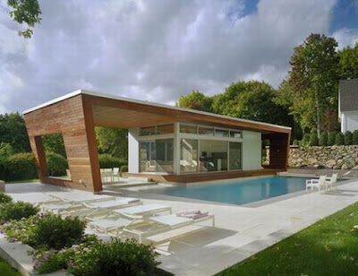 Wilton Pool House with Wooden Interior Design