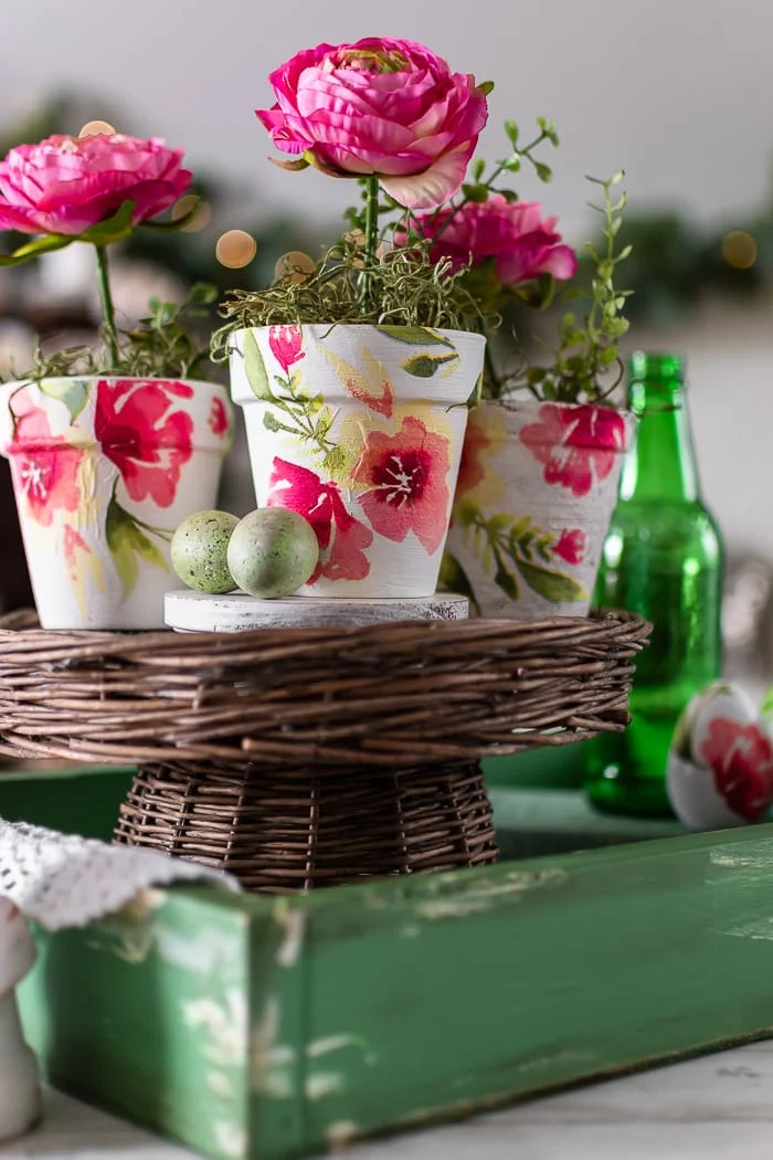 floral flower pots, eggs, willow basket, green tray