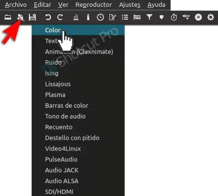 Tambien se puede generar un clip de color desde el icono de acceso rapido de Abrir dispositivo, canal o generador