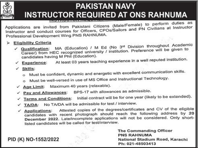 Instructor Jobs in Pak Navy 2022