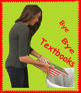 A teacher throws away her textbooks into the garbage preferring to use her own materials instead/