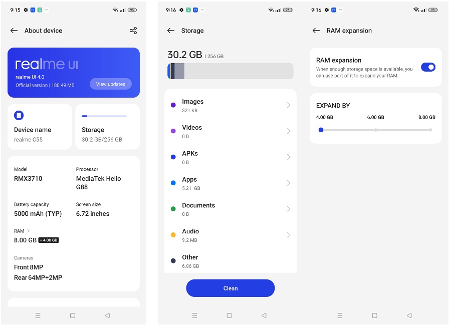 realme C55 About Phone, Storage and Dynamic RAM