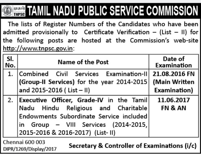 TNPSC Group II Services (CCSE 2)  - Certification Verification List II