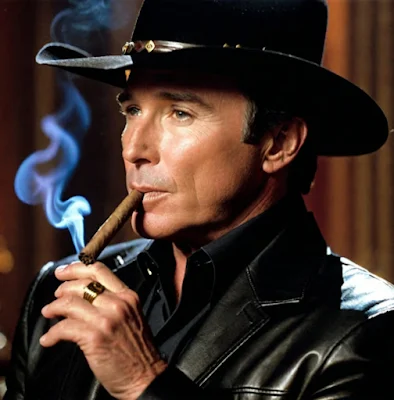 Country star Clint Black wearing black leather blazer, cowboy hat while a smoking cigar