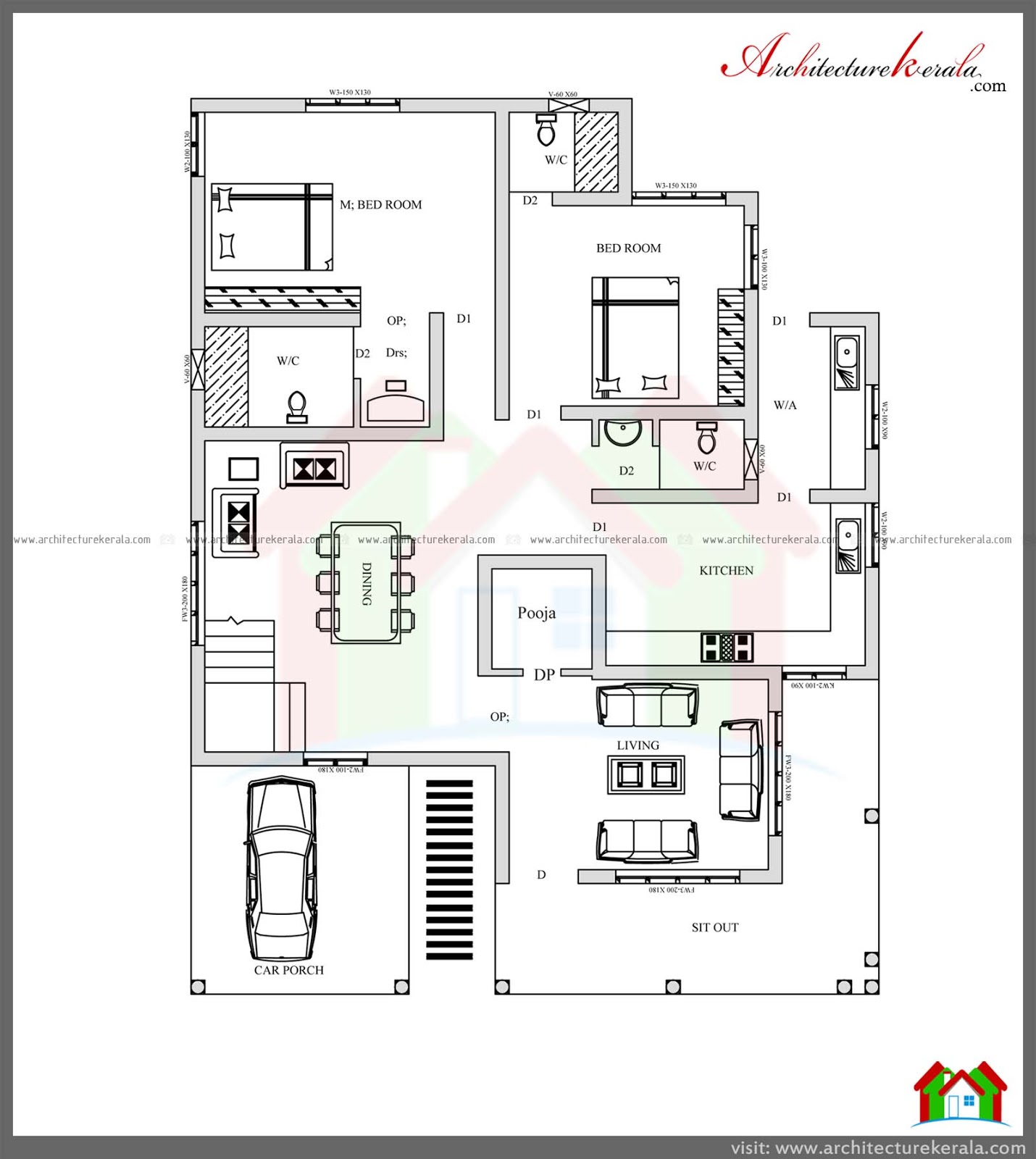  4  BED HOUSE  PLAN  WITH POOJA ROOM ARCHITECTURE KERALA 