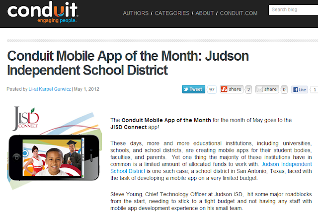 Blog on Conduit Mobile awarding Judson ISD Connect! as May 2012 app of the month