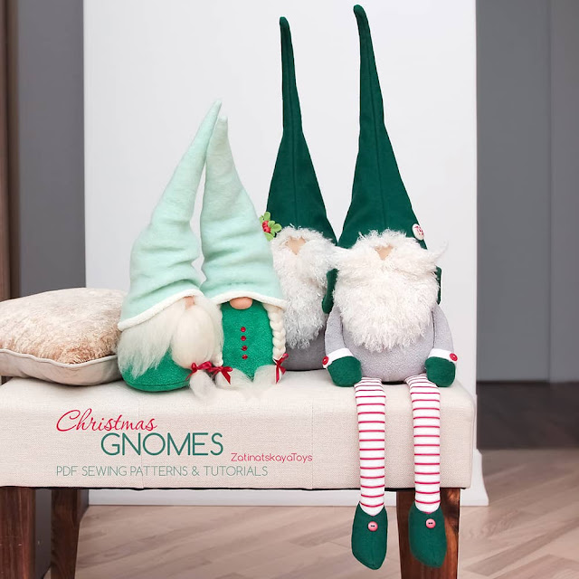 four handmade Christmas gnomes by sewing patterns of Zatinatskaya Natalia