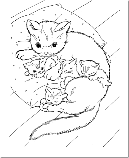 mamá gata con camada de gatitos a colorear