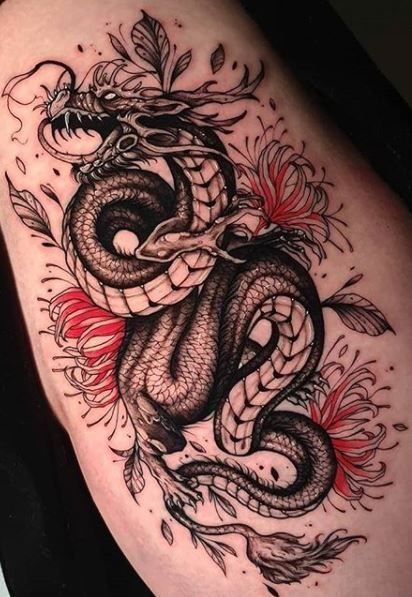 dragon-with-red-flowers-tattoo