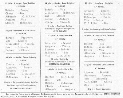 Folleto donde se hacían constar las diversas actividades del IV Torneo Nacional de Ajedrez de La Pobla de Lillet 1958