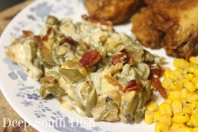 An ultra-creamy version of our beloved green bean casserole, made with cut green beans, bacon, sauteed onion and garlic, shredded cheese, cream cheese and French-fried dried onions, with the classic cream soup base.